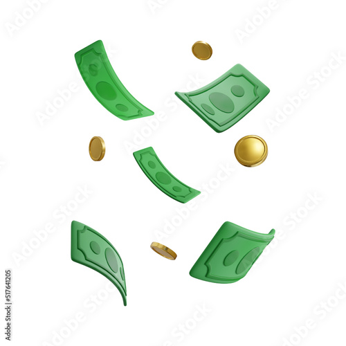 3d realistic green dollar bills and gold coins. Jackpot and casino win design. Falling money business concept for banner. Vector illustration