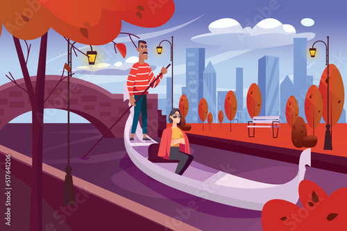 Autumn city park background in flat cartoon design. Wallpaper with cityscape of woman traveling and enjoying gondola ride on canal among fall trees. Vector illustration for poster or banner template