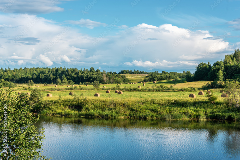 Haystacks in a field by the river. Rural landscape.