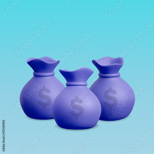 3d vector money bags with dollar icon. Cash, interest rate, business and finance, return on investment, financial solution, prepayment and down payment concept
