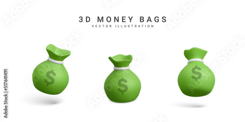 Set of money bags in 3d realistic style. Business and finance. Sack with dollar sign. Vector illustration