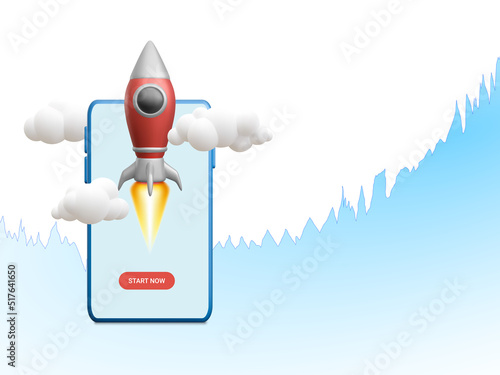 3D flying space rocket with trading graph on mobile phone. Space for business startup and growth statistics trading concept. Vector illustration