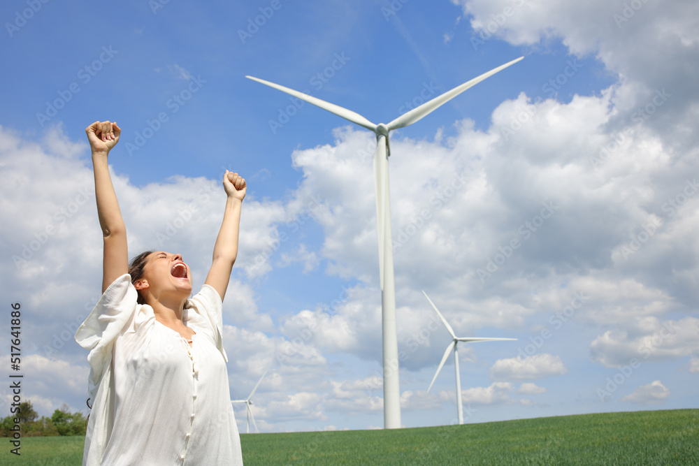 Excited woman raising arms in a wind farm