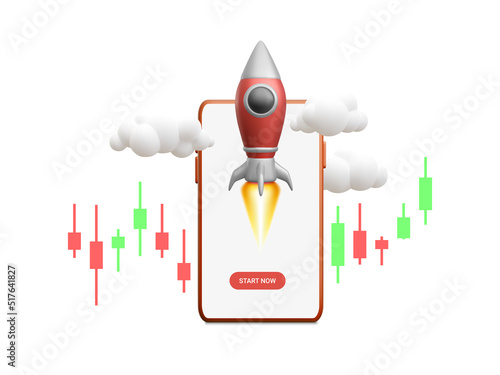 3D flying space rocket with trading graph on mobile phone. Space for business startup and growth statistics trading concept. Vector illustration