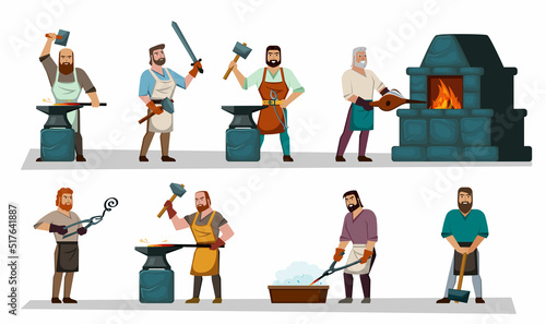 blacksmith workers. craftsmanship making steel tools armor and weapons. Vector cartoon persons