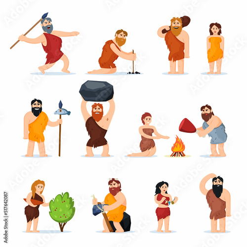 prehistorical people. aggressive caveman characters in action poses barbarian hunters. Vector cartoon set