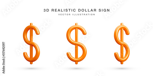 Set of 3D realistic red dollars sign. Collection of US dollars currency symbol isolated on white background. Vector illustration photo
