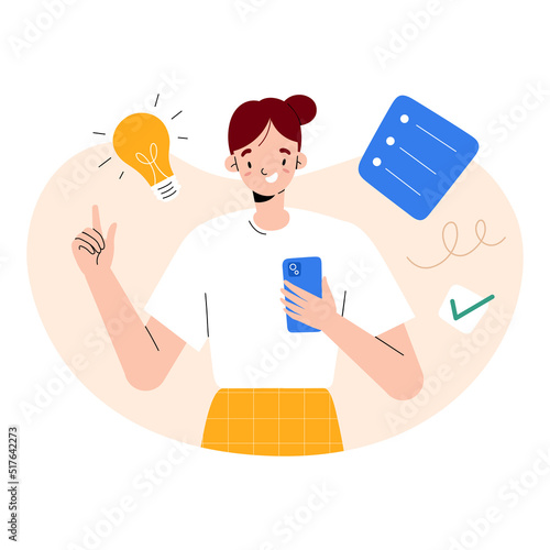 Young woman having idea or solution, taking note in app using her smartphone with her finger raised, note-taking application concept, writing down her thoughts, isolated vector cartoon illustration
