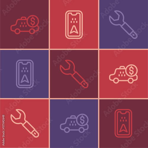 Set line Taximeter device, Wrench spanner and Infographic of city map icon. Vector