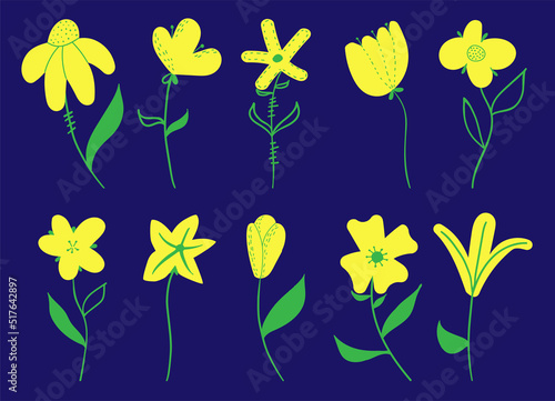 Yellow vector set of flowers isolated with editable background. Flat style for banner, poster, promotion, web site, online shopping.