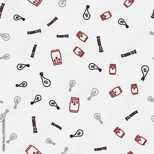 Set line Bandura, Flute, Guitar and Conga drums on seamless pattern. Vector
