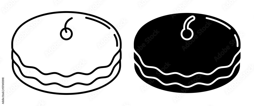 Line icon. Cake, fragrant pie with cherry on top. Exotic dessert with tea party. Simple black and white vector isolated on white background Line icon. Cake, fragrant pie with cherry on top. Exotic dessert with tea party. Simple black and white vector isolated on white background