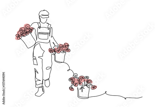 Gardener girl holds bucket with flowers. Vector background, banner, poster. One continuous line art drawing illustration of gardener with flowers