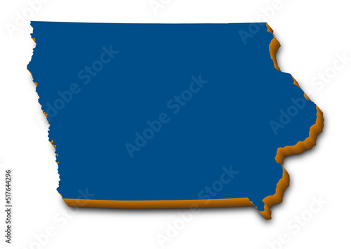 Iowa 3D map. Detailed 3d map with dropped shadow. Blue isometric silhouette. Vector illustration. Template for design and infographics.