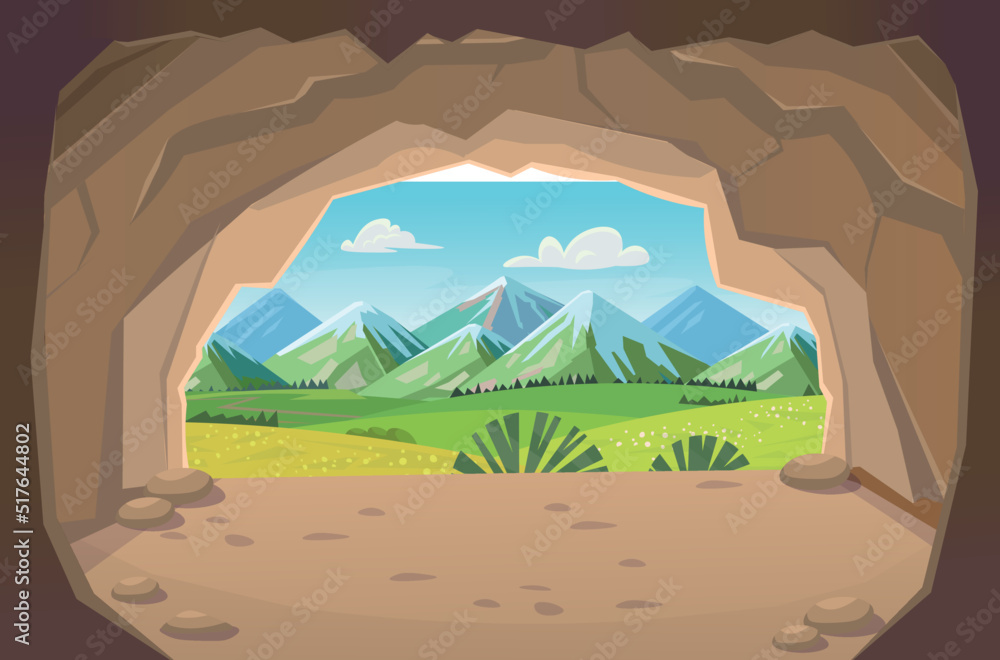 Cave. Exit from the cave.Illustration in cartoon style for games. Stock