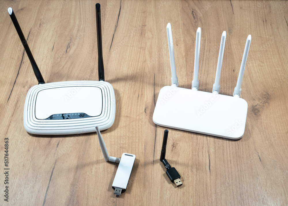 Different types of WiFi routers, modern and old technology. Wireless