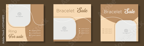 Jewelry shop social media post, banner set, jeweler store advertisement concept, fashion accessories marketing square ad template, rings, bracelet abstract print, isolated on background