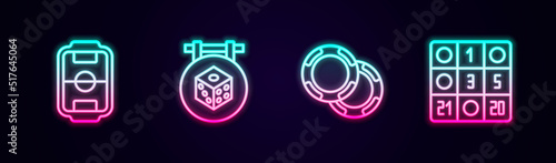 Set line Table football, Game dice, Casino chips and Bingo card. Glowing neon icon. Vector