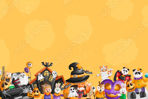 Halloween background. Pets in Halloween costumes and decoration with yellow background..