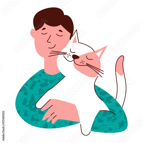 Man with cat. Happy pet owners.