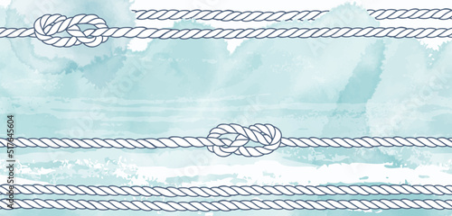 Art sea background vector. Luxury design with marine ropes, knots and  watercolor splash. Template design for text, packaging and prints.