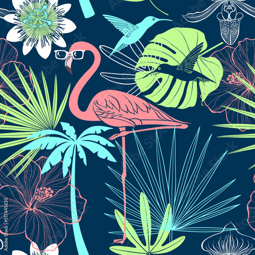 Tropical seamless pattern. Bright vector illustration with cartoon elements. Perfect for design templates, wallpaper, wrapping, fabric and textile.