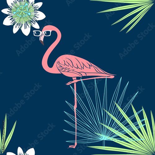 Tropical seamless pattern with flamingos. Bright vector illustration with cartoon elements. Perfect for design templates, wallpaper, wrapping, fabric and textile.