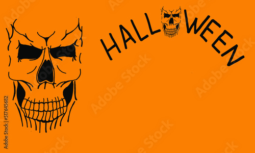 Scary black skull on orange background with copy space. Halloween flyer concept. Halloween background with cranium and copy space.