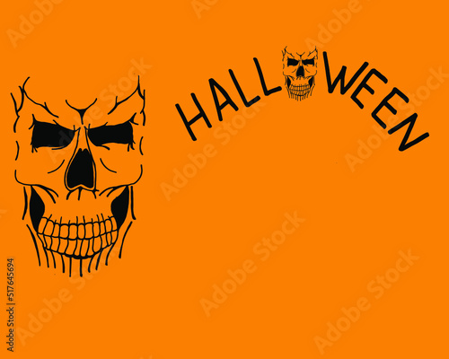 Scary black skull on orange background with copy space. Halloween flyer concept. Halloween background with cranium and copy space.