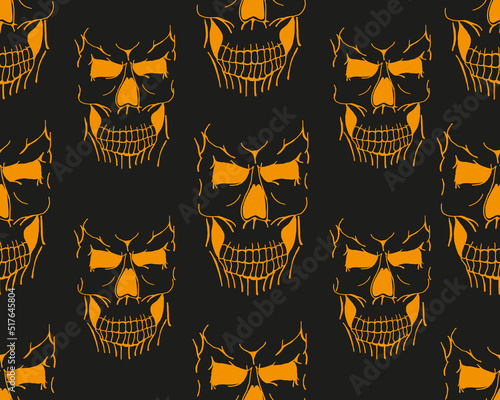 Scary orange skulls pattern on black background. Halloween flyer concept. Halloween background with cranium and copy space.