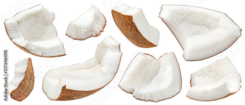 Coconuts pieces isolated on white background, full depth of field