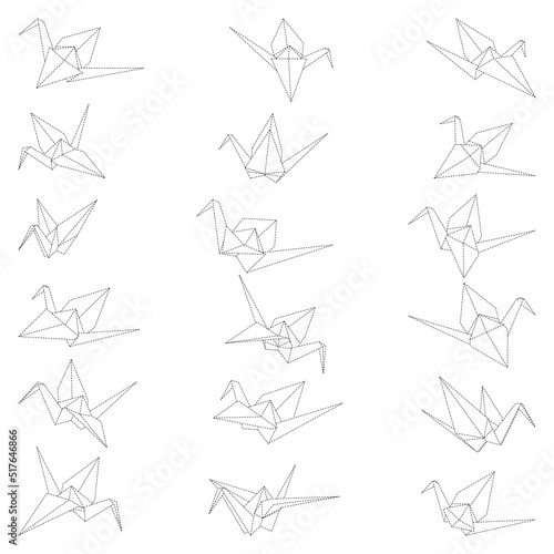 Set of origami crane vector outline dashed illustration isolated on white background. Japanese traditional origami crane for infographic  website or app. Geometric line shape for art of folded paper.