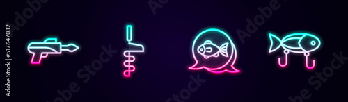 Set line Fishing harpoon, Hand ice drill, and lure. Glowing neon icon. Vector