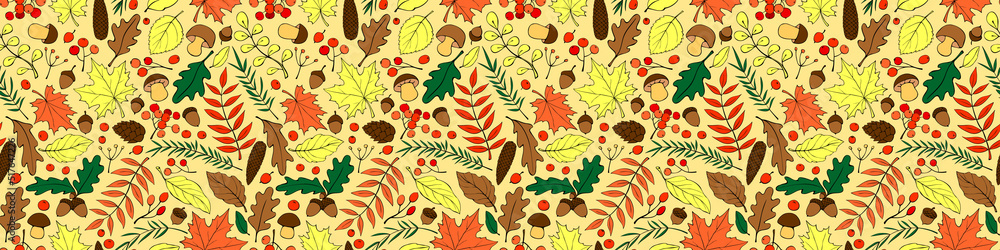 Seamless pattern falling leaves, acorns, berries, mushrooms. Vector color autumn texture, isolated, hand drawn in doodle flat style. Concept of forest, leaf fall, nature, thanksgiving