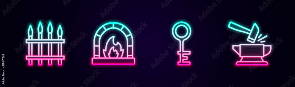 Set line Classic iron fence, Blacksmith oven, Old key and Anvil and hammer. Glowing neon icon. Vector Set line Classic iron fence, Blacksmith oven, Old key and Anvil and hammer. Glowing neon icon. Vector