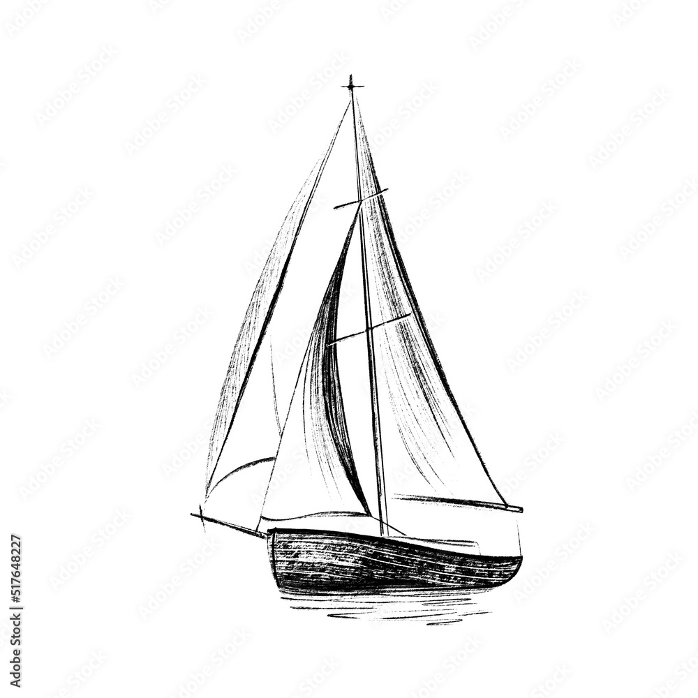 Sailing boat at sea. Abstract minimalistic style. Hand drawn in black ink, brush and paint texture.