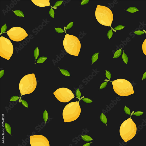 Seamless pattern with exotic tropical fruits  lemon and green leaves on black background. Vector illustration  print for packaging  fabrics  wallpapers  textiles.