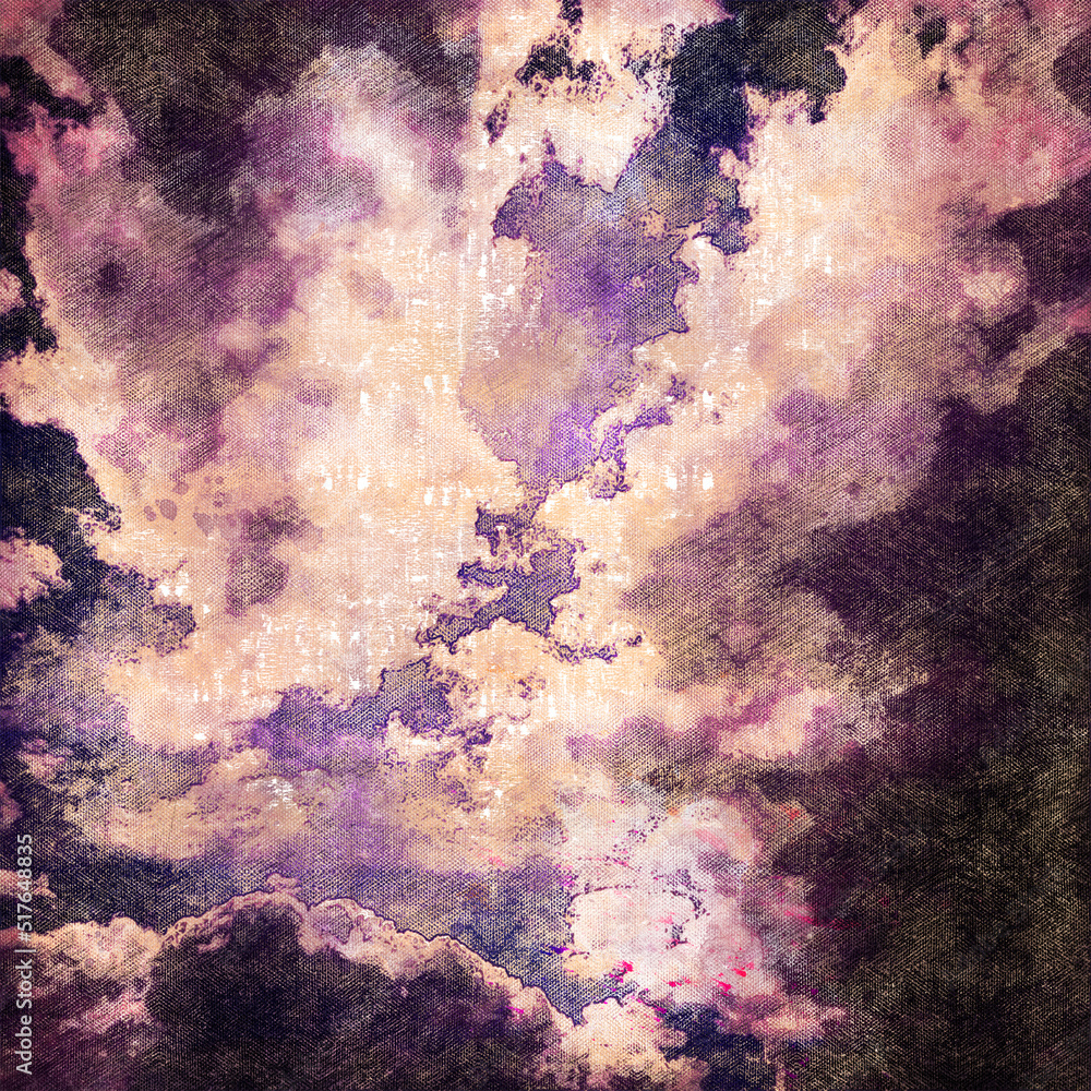 Dark blue sky with clouds. Digital watercolor painting. Contemporary art. Canvas texture.