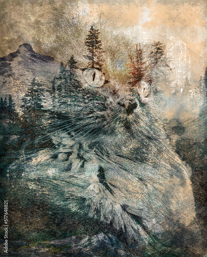 Double composition. Gray cat and mountain forest. The fog is rolling over the mountains. Animals and nature. Digital watercolor painting. Contemporary art. Canvas texture.