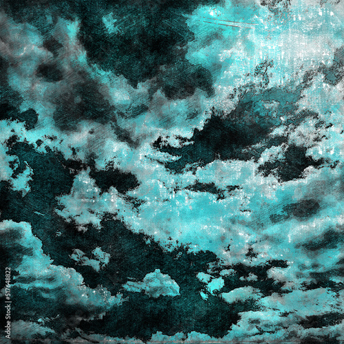 Dark Night Sky. Moonlight breaking through the clouds. Digital watercolor painting. Contemporary art. Canvas texture.