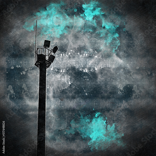Light pole against the night sky. Pillar with floodlights. Dark thunderstorm sky. Digital watercolor painting. Contemporary art. Canvas texture.