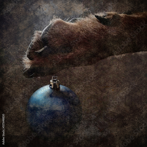 Christmas cheer. A blue Christmas tree ball hangs from a dog's paw. Close-up of the Christmas tree ornament and the Rottweiler's paw. Digital watercolor painting. Contemporary art. Canvas texture.