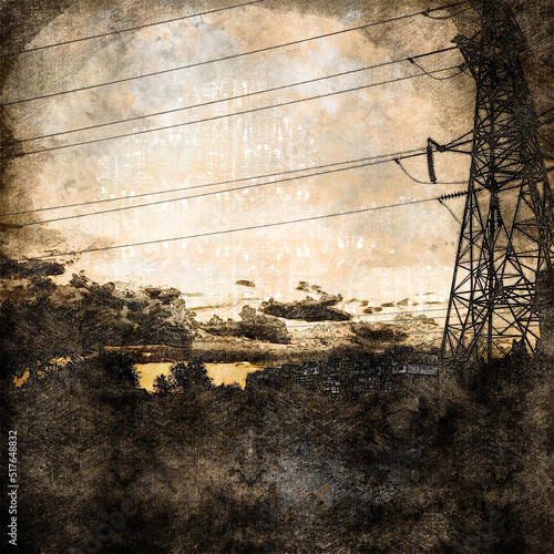 Thunderous sky over the industrial area of the city. High voltage pylon in the foreground. Clouds flying over an apartment building. Digital watercolor painting. Contemporary art. Canvas texture.