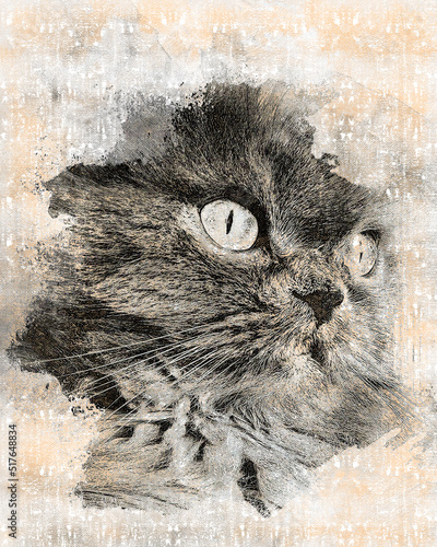 Portrait of a gray adult cat. Pets. Digital watercolor painting. Contemporary art. Canvas texture.