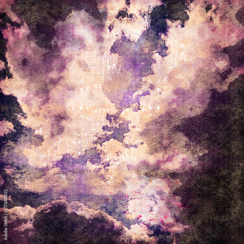 Dark blue sky with clouds. Digital watercolor painting. Contemporary art. Canvas texture.