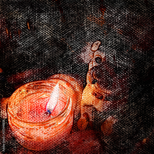 Burning candle and dog toy. Memory of dead or deceased pre-sleeping pets concept. Digital watercolor painting. Contemporary art. Canvas texture.