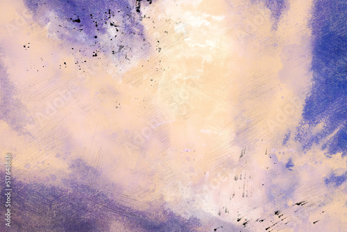 Beautiful pink sky with clouds. Irregular brush strokes. Black splashes and drops of paint on the canvas. Digital watercolor painting. Contemporary art. Canvas texture.