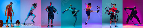 Sport collage of professional athletes posing isolated on gradient multicolored background in neon. Concept of motion, action, active lifestyle, achievements, challenges