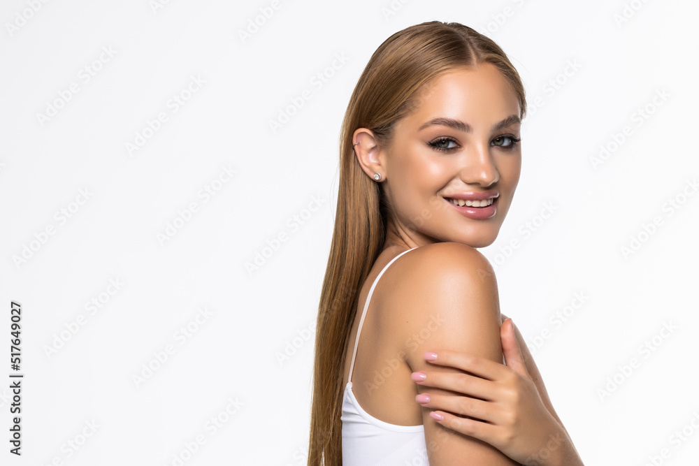 Beauty young woman with helathy skine ure skin and hair isolated on white background