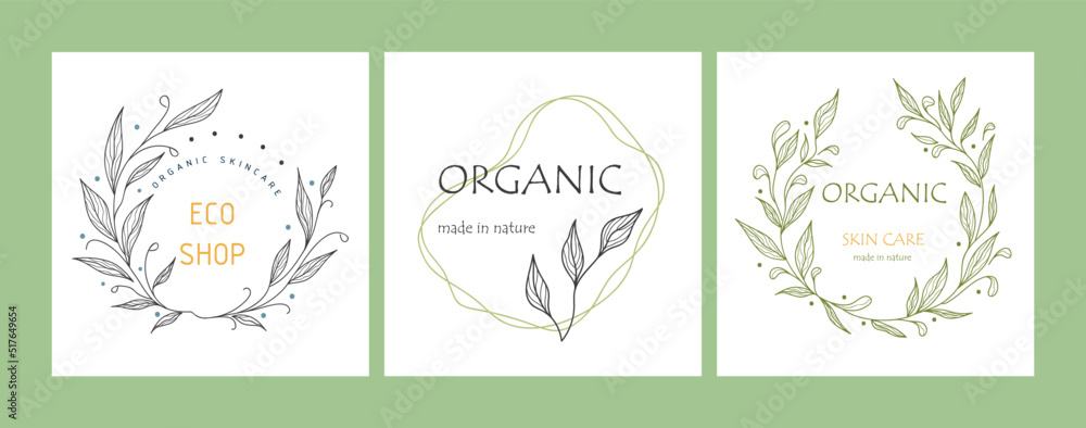 Set of floral templates for logos. Organic themed frames. Vector.